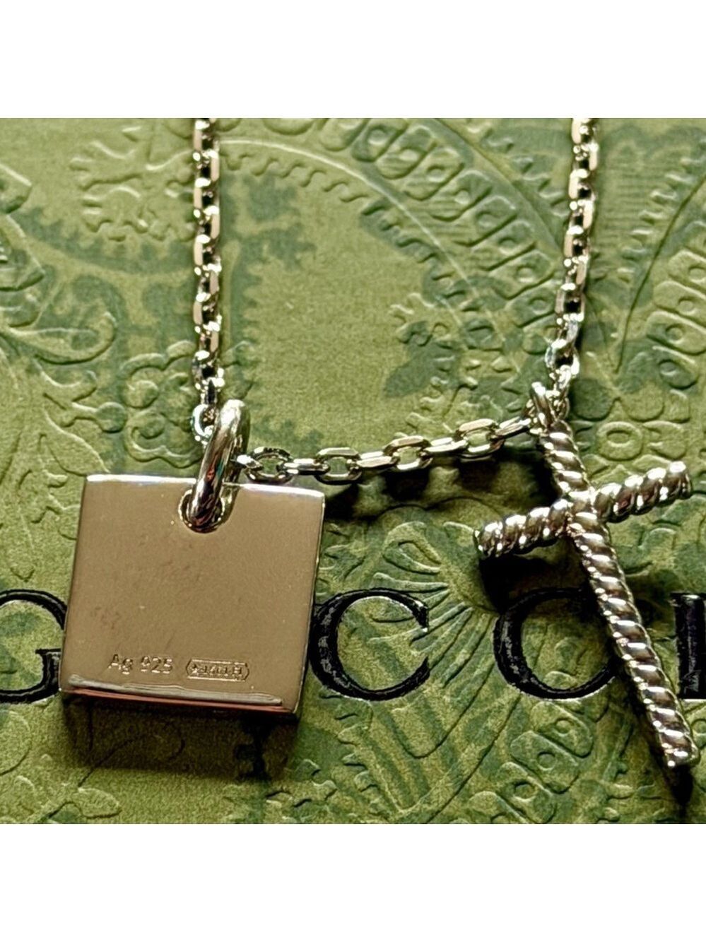 NEW GUCCI Cross and Square Tag Necklace - Gucci 925 Silver Double Pendant - Picture 3 of 9
